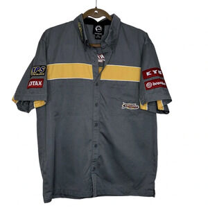 BRP Ski-doo Shirt Men’s Medium Grey Yellow Short Sleeve Button Up Logo Pockets